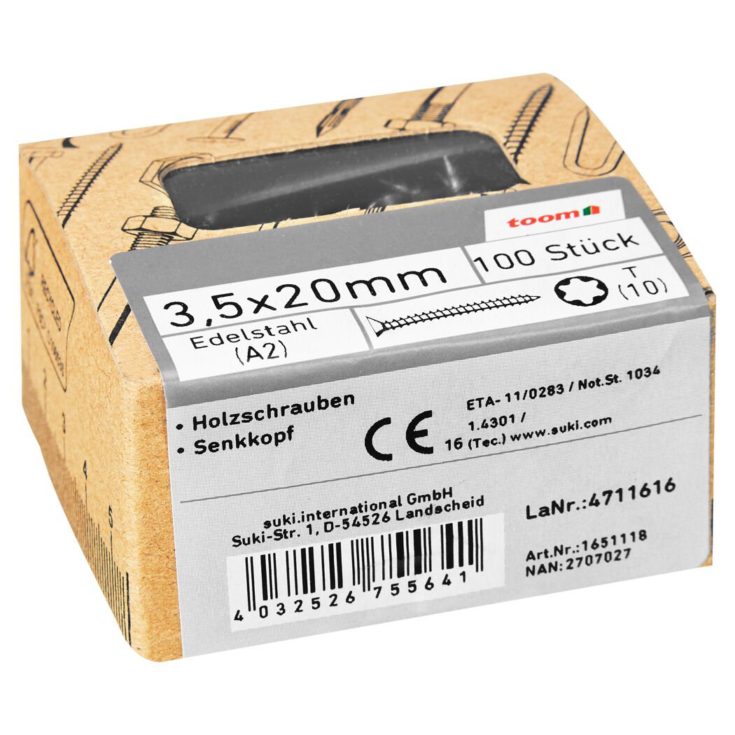 Holzschrauben T10 Torx Edelstahl 3,5 x 20 mm 100 Stück