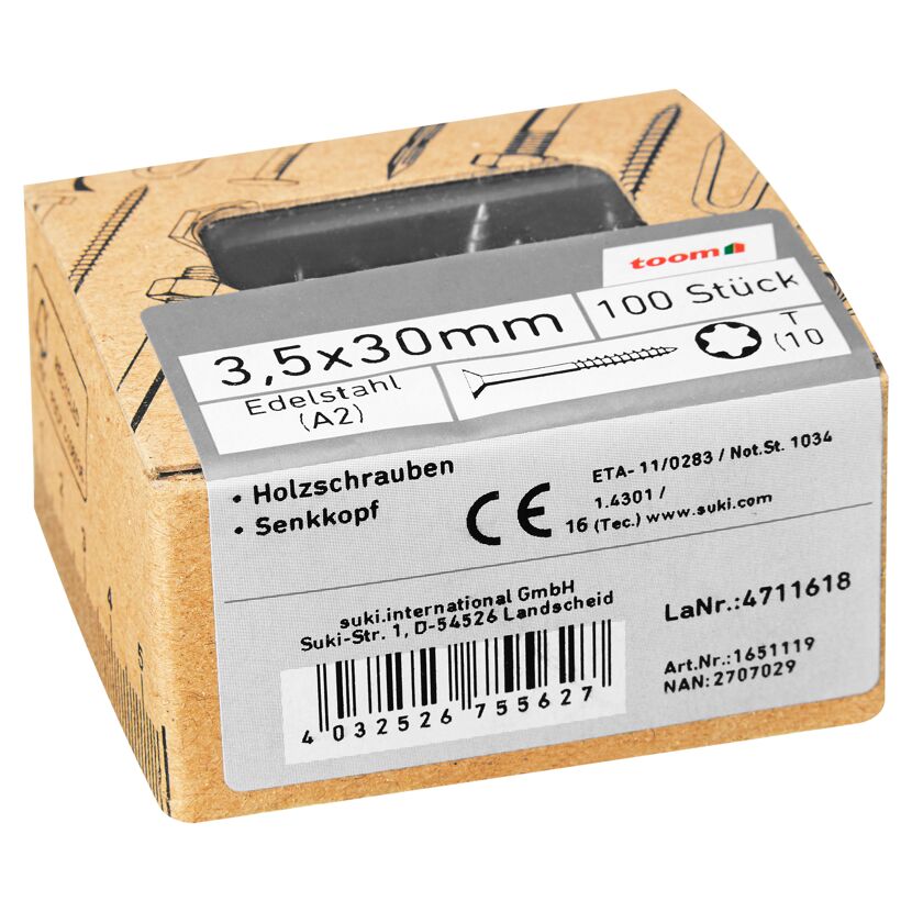 Holzschrauben T10 Torx Edelstahl 3,5 x 30 mm 100 Stück