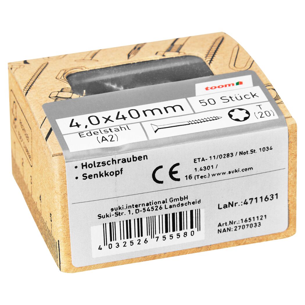 Holzschrauben T20 Torx Edelstahl 4,0 x 40 mm 50 Stück