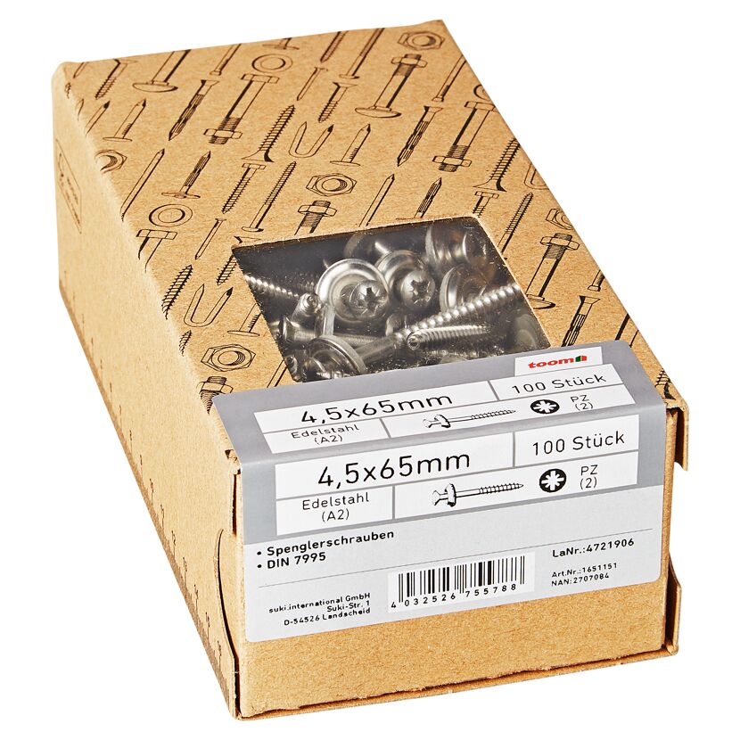 Spenglerschrauben PZ2 Kreuzschlitz Edelstahl 4,5 x 65 mm 100 Stück