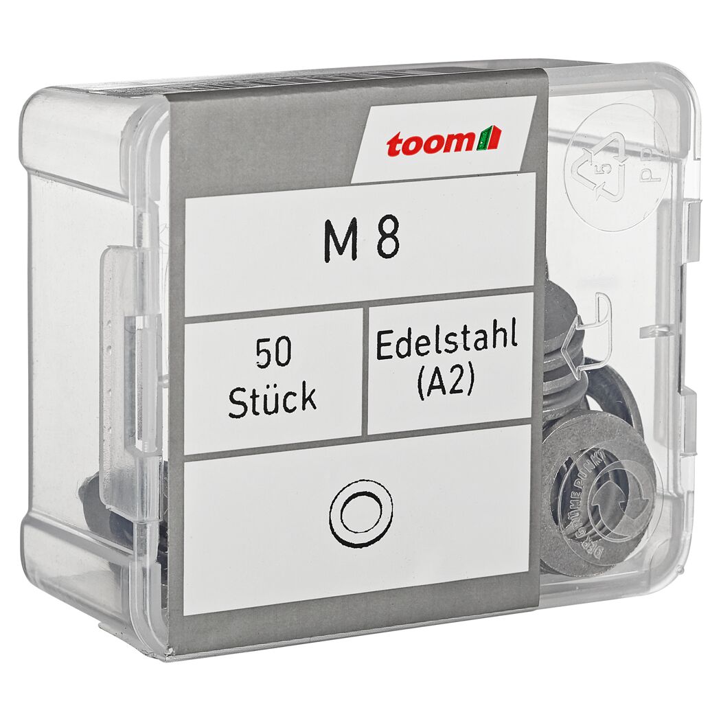 50 Stück Edelstahlscheiben DIN 125 A2 M8 in durchsichtiger Box