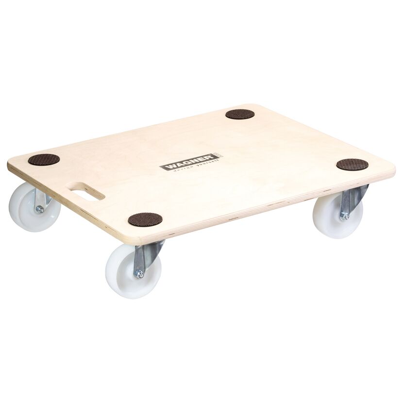 Wagner Transportroller aus Holz mit weißen Rollen
