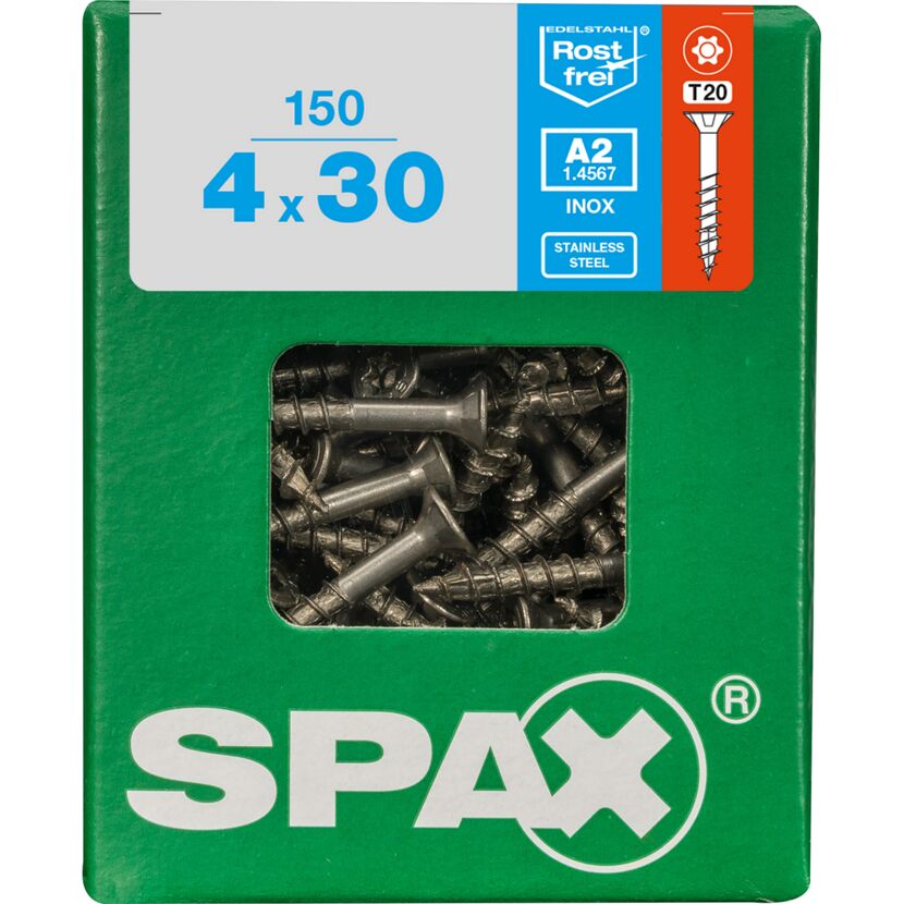 150 SPAX Senkkopfschrauben 4 x 30 mm in grüner Verpackung
