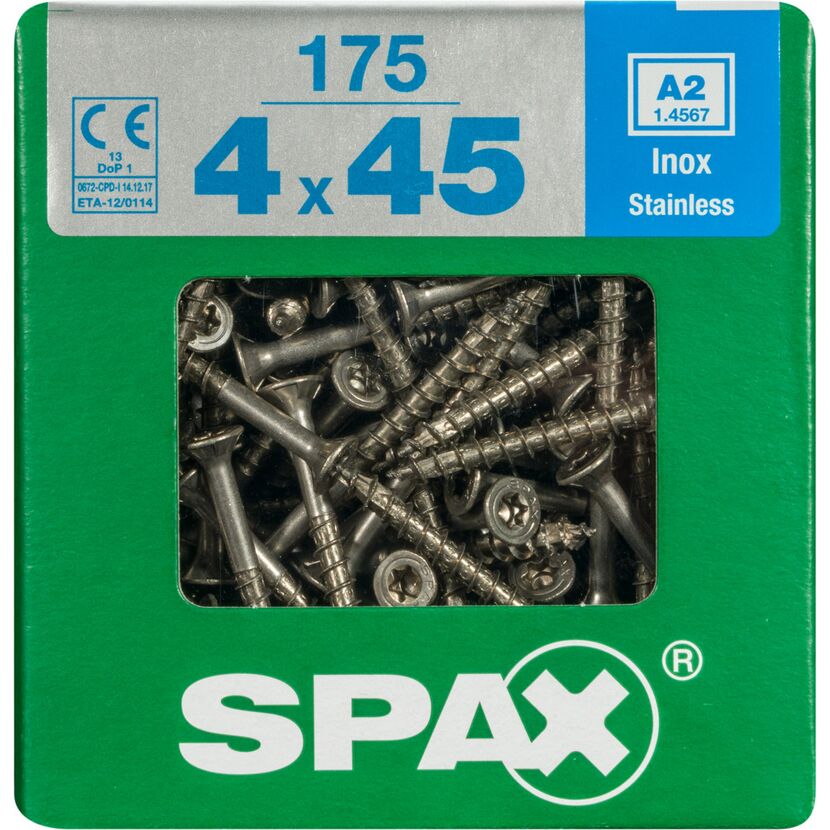 SPAX Senkkopfschrauben 4x45 mm, 175 Stück in einer grünen Pappschachtel