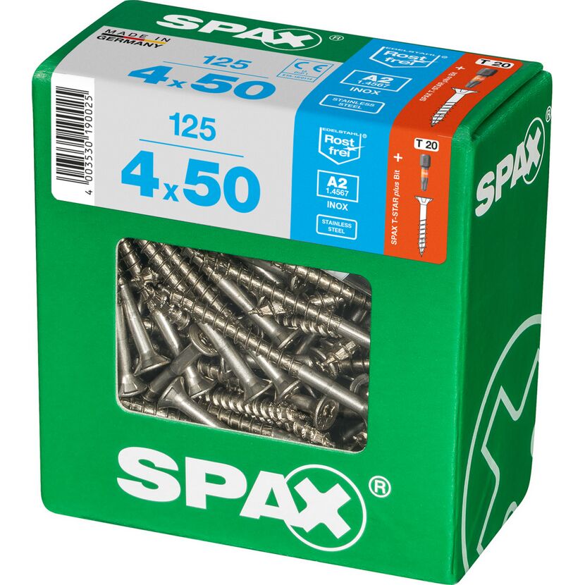 125 SPAX Senkkopfschrauben 4x50 mm in Verpackung