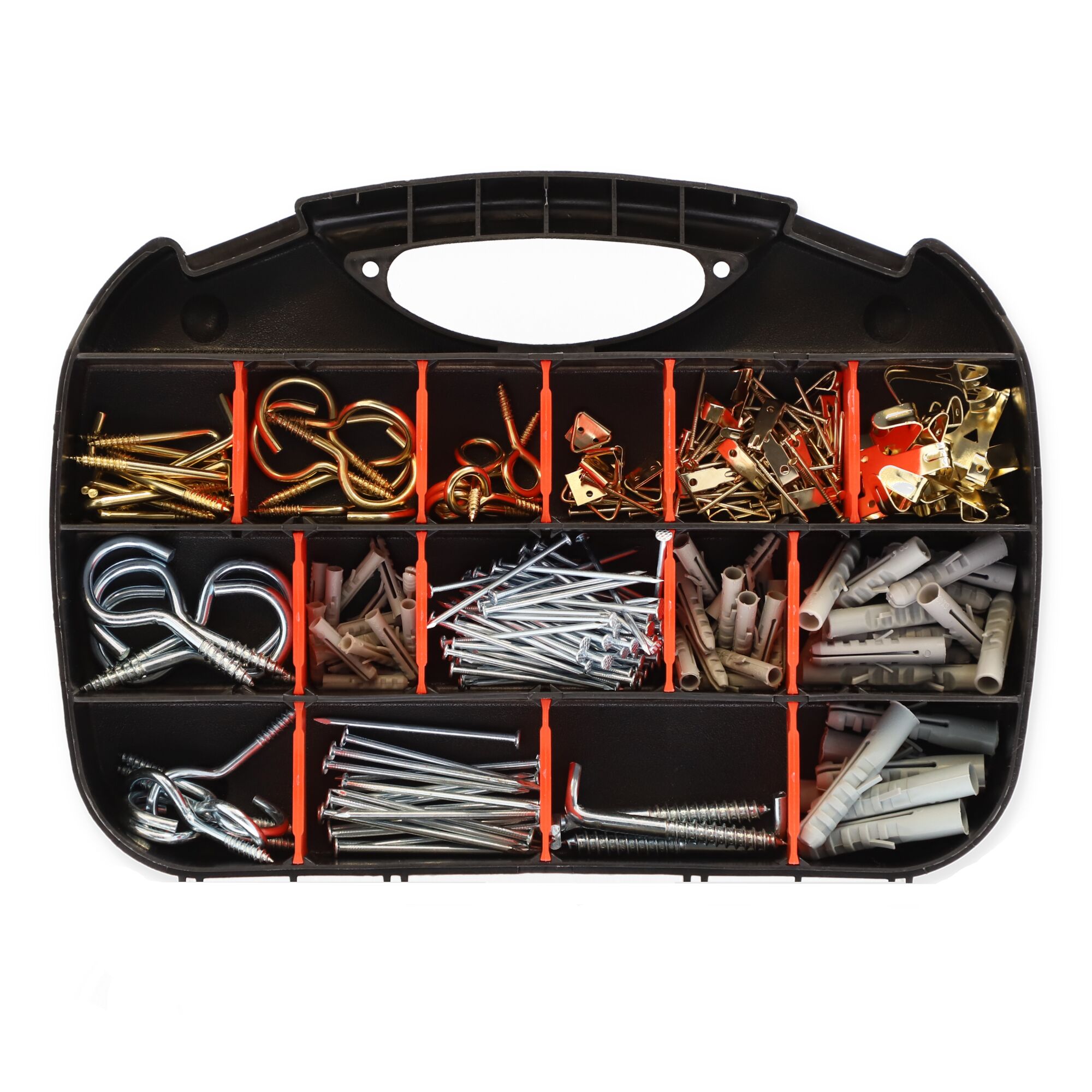 Sortimentskasten mit verschiedenen Haken, Nägeln und Dübeln