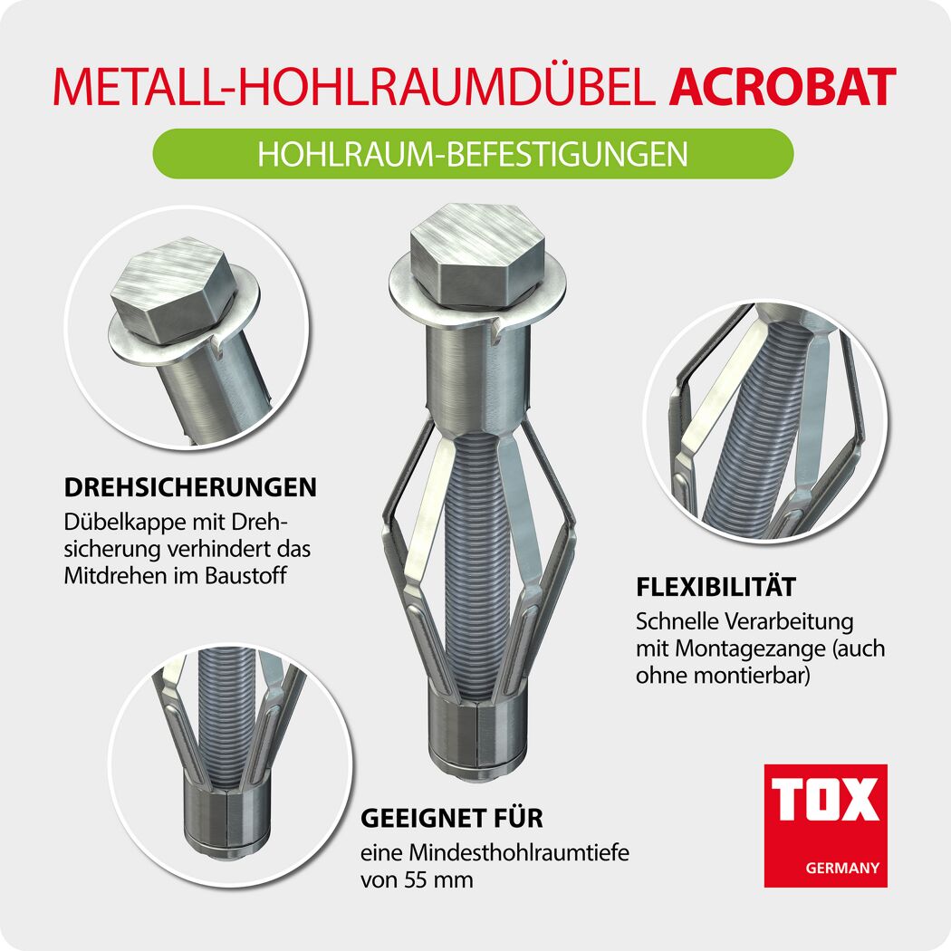 Metall-Hohlraumdübel "Acrobat" M8 x 5,5 cm 2 Stück