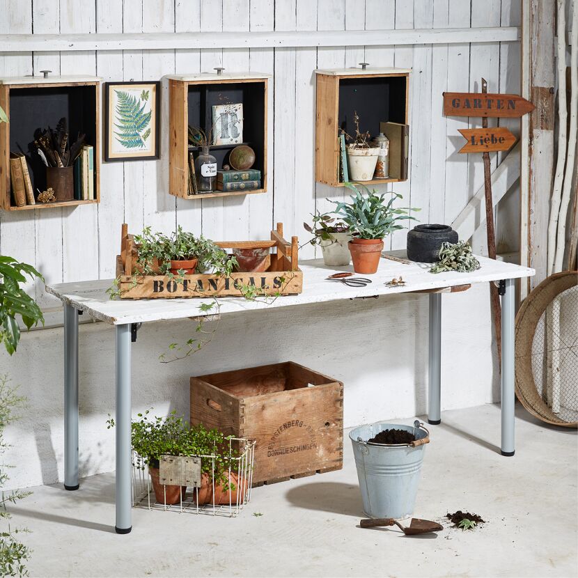 Gartentisch mit Pflanzen und Gartengeräten