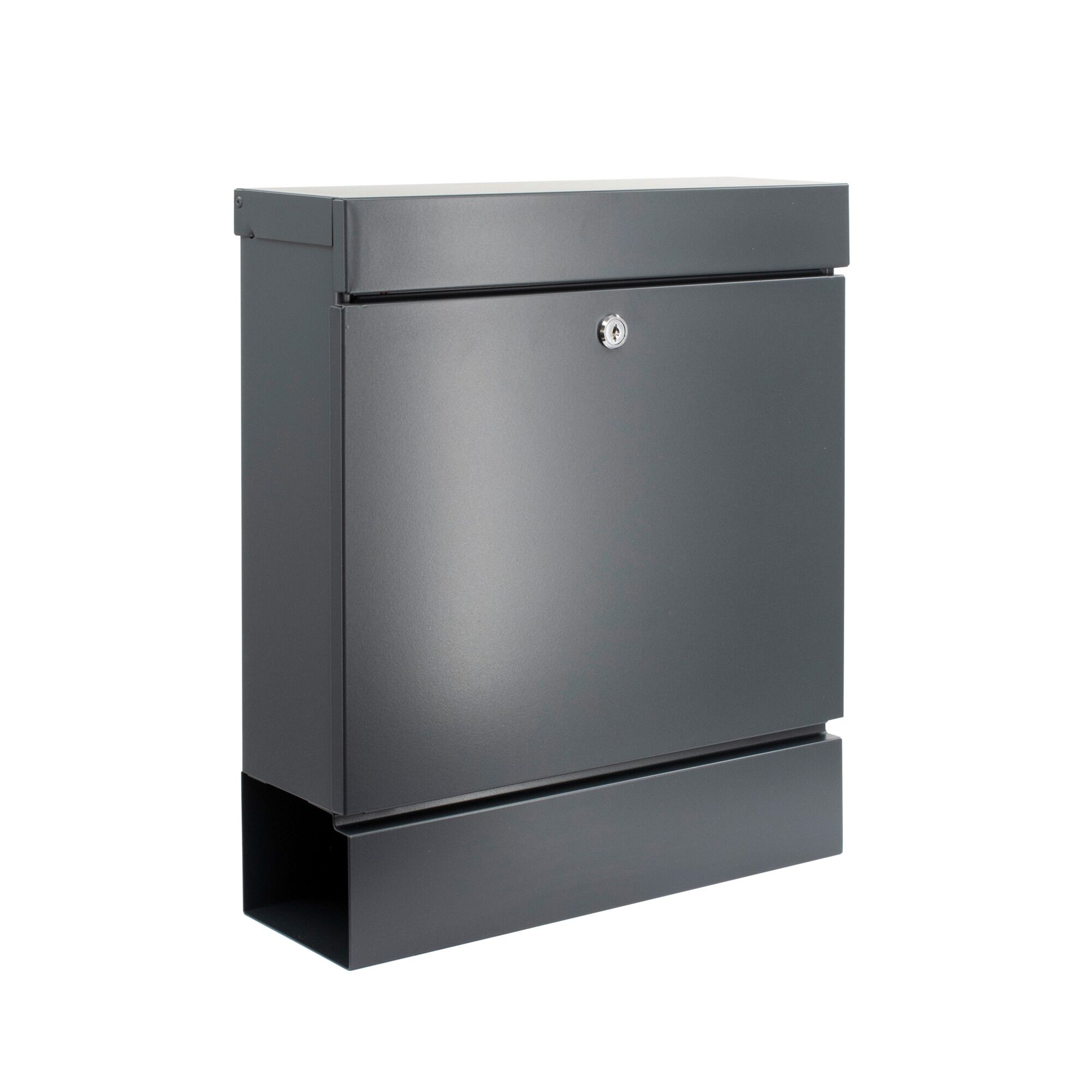 Grauer Metallbriefkasten mit Schloss.