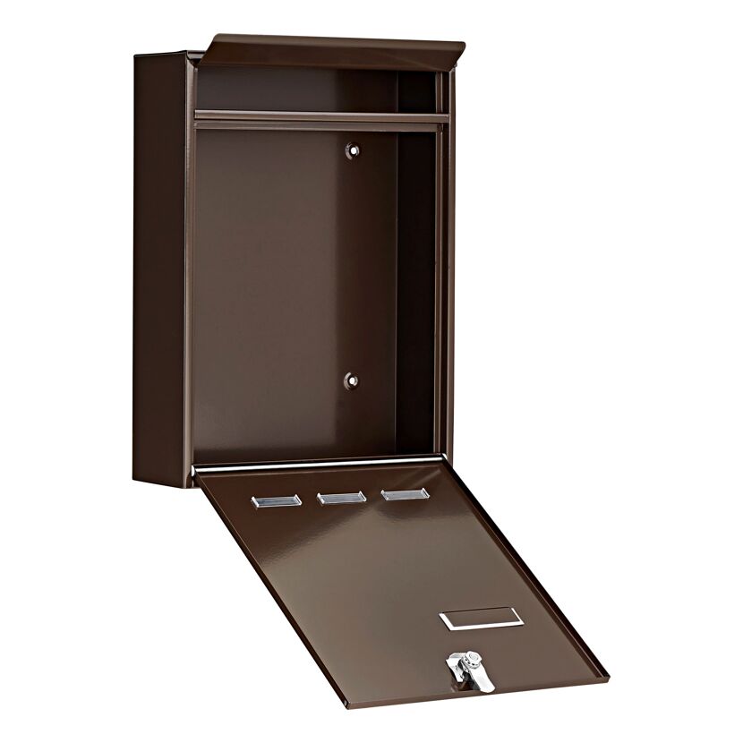 Brauner Briefkasten mit offenem Fach.