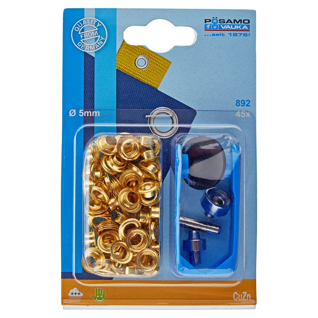 45 Ösen mit Scheiben, Messing goldfarben, 5 mm, Werkzeug