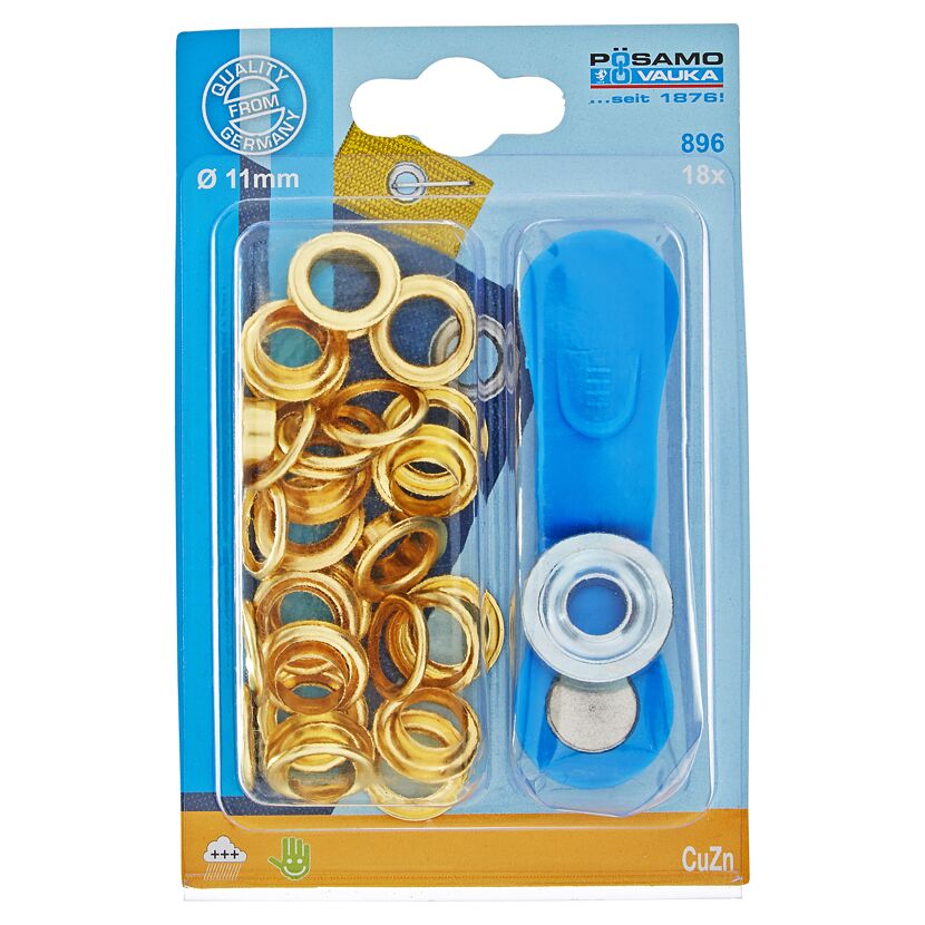 Goldene Ösen mit Werkzeug in Verpackung