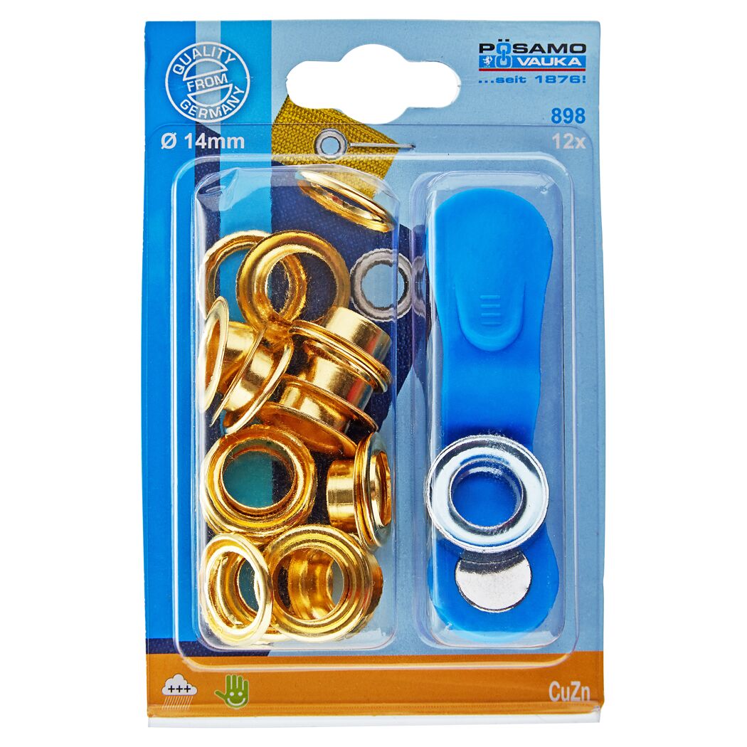 12 Ösen mit Scheiben, messingfarben, 14 mm, mit Werkzeug
