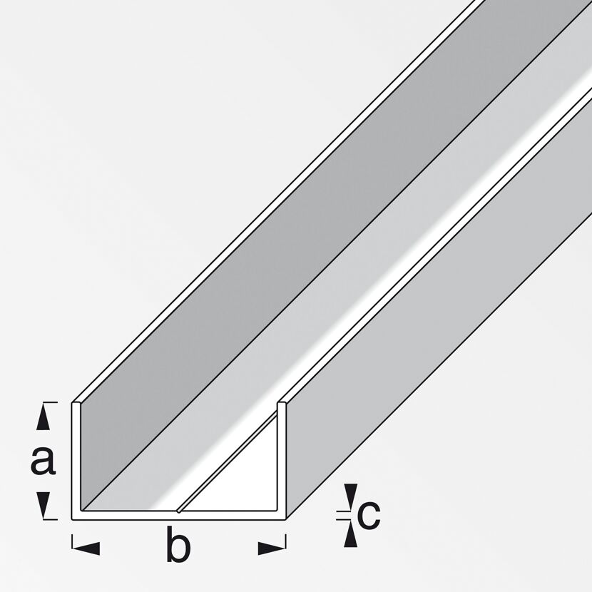 Weißes U-Profil mit den Maßen a, b und c