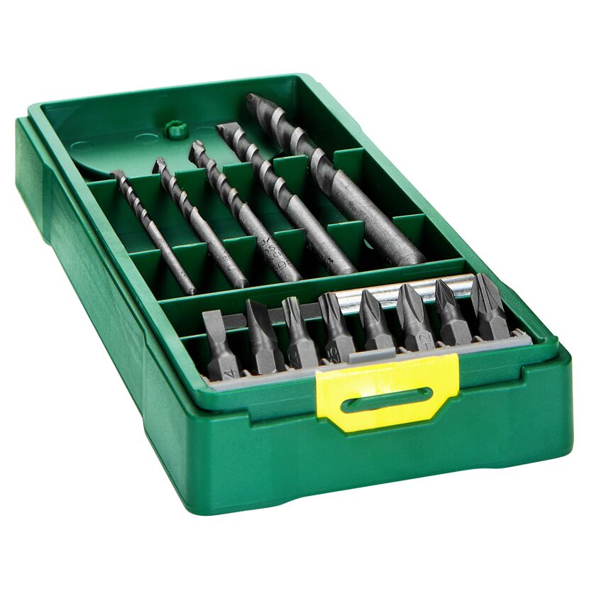 Bohrer und Bits in grüner Kunststoffbox