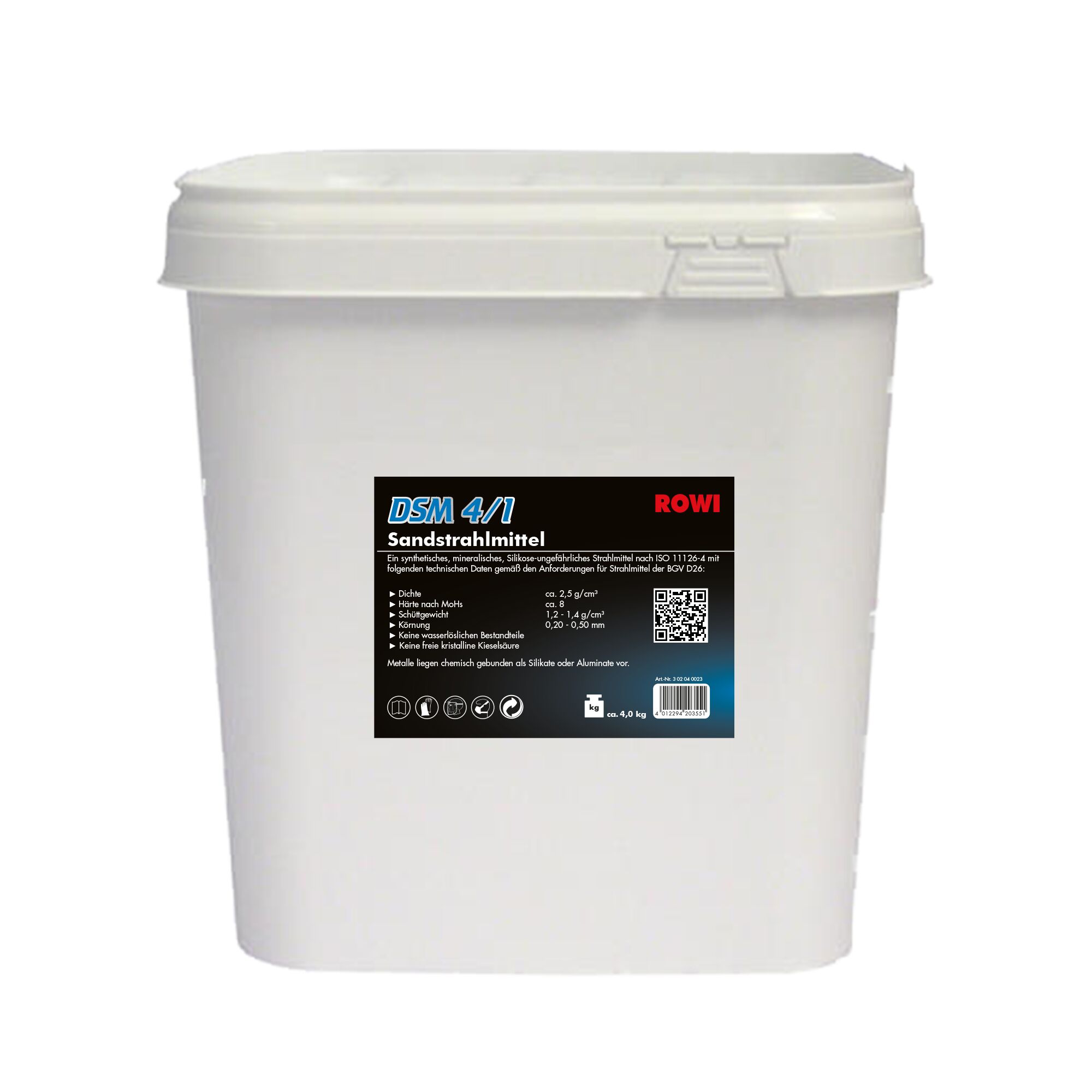 Weißer Eimer mit 4 kg ROWI Sandstrahlmittel DSM 4/1