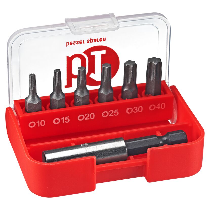 Satz mit 7 Torx-Bits und Bithalter in roter Box