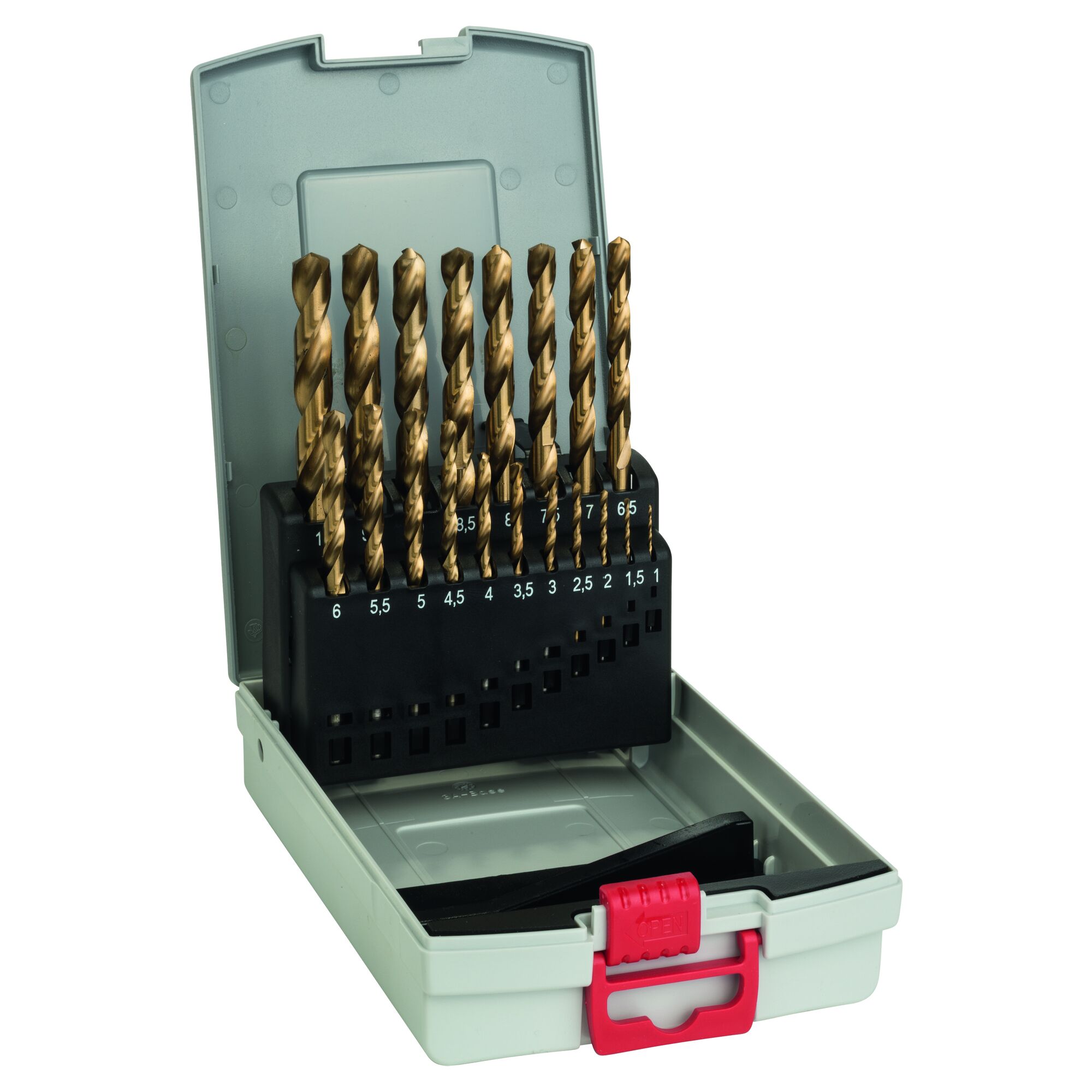 Goldene Metallbohrer in Kunststoffbox