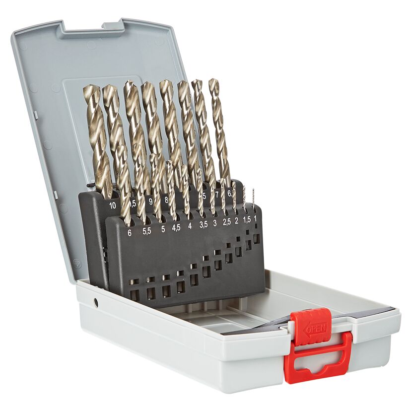 Satz mit 19 HSS-G Stahlbohrern in einer Kunststoffbox