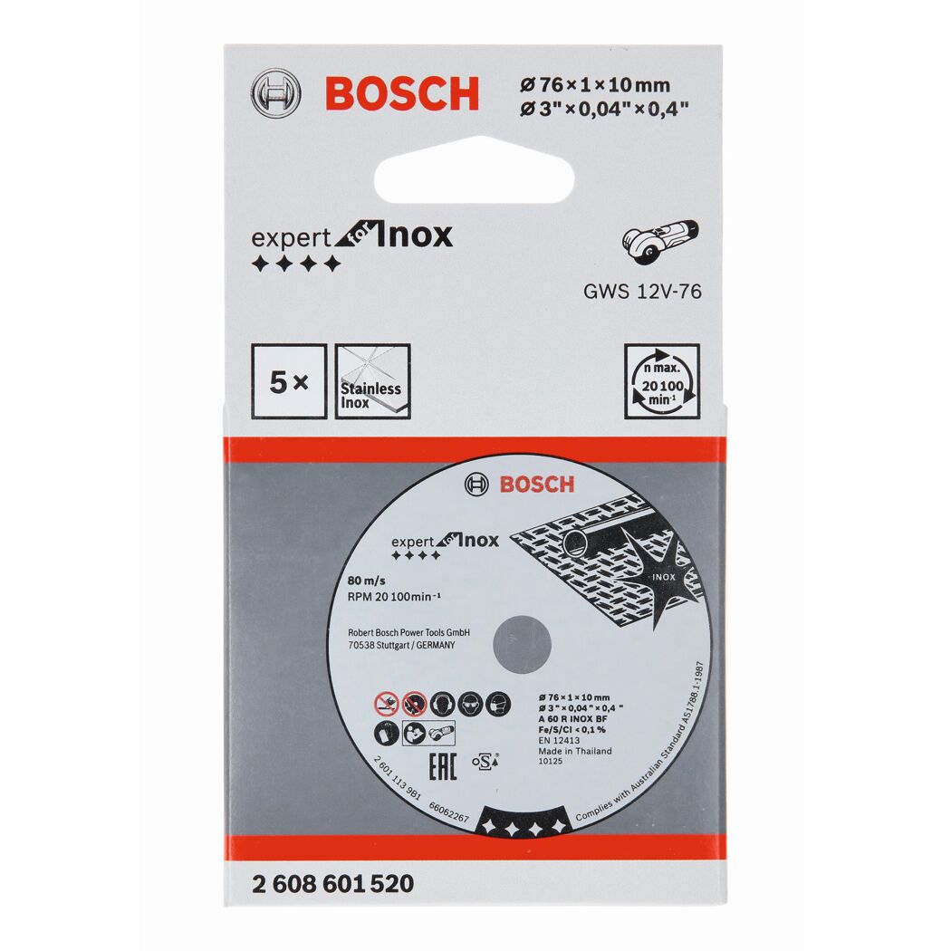 Fünf Bosch Expert Inox Trennscheiben in Verpackung