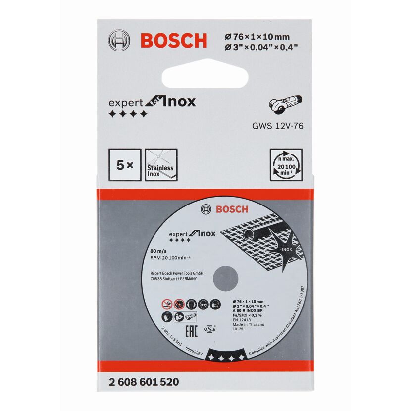 Fünf Bosch Expert Inox Trennscheiben in Verpackung