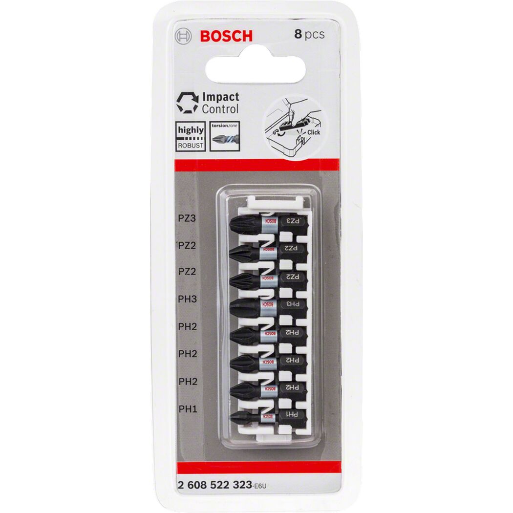 Acht schwarze Bosch Impact Bits für Schrauber