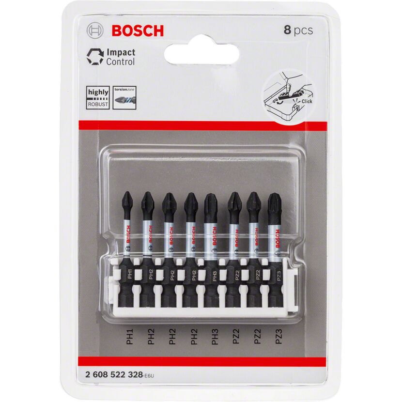 Acht Bosch Impact Control Schrauberbits in Verpackung.