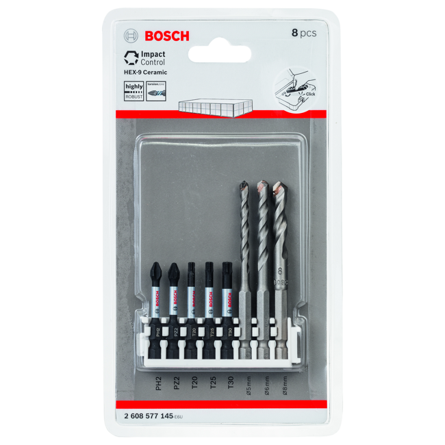 Bild von Fliesenbohrer- und Schrauberbitpacks 'ImpactControl' mit Hex-9 Ceramic Bohrer 8-teilig