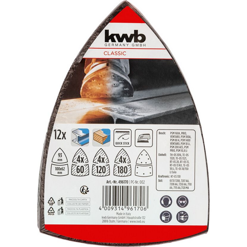 Schleifdreieck 'Quick-Stick' 93 x 100 mm K60/120/180 12 Stück