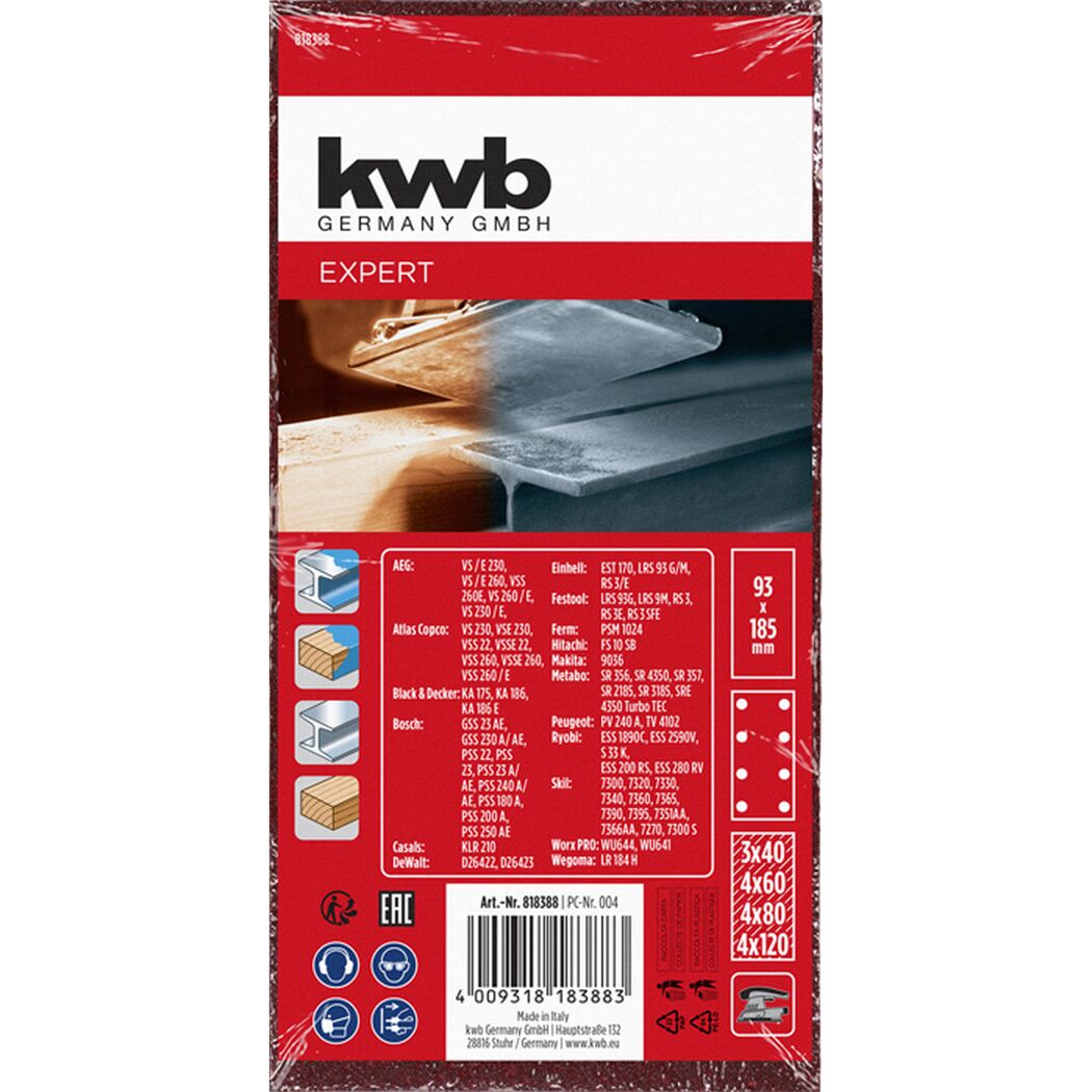 Schleifstreifen 'Quick-Stick' 93 x 185 mm K40/60/80/120 15 Stück