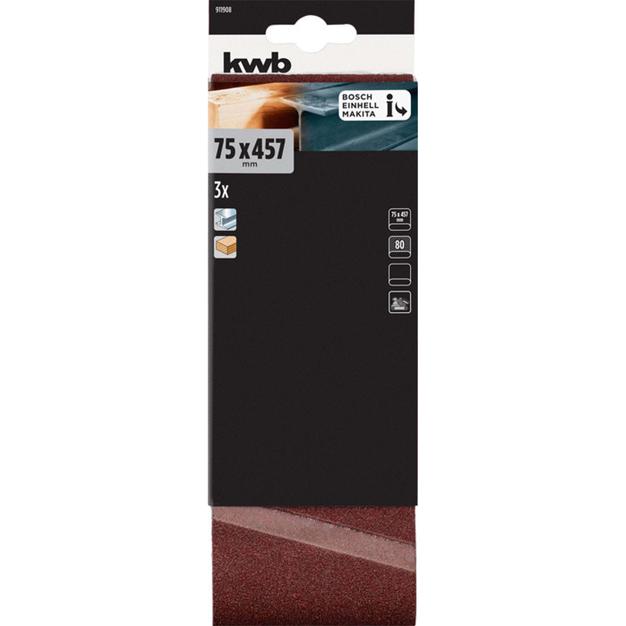 Schleifband 'Holz & Metall' 75 x 457 mm K80 3 Stück