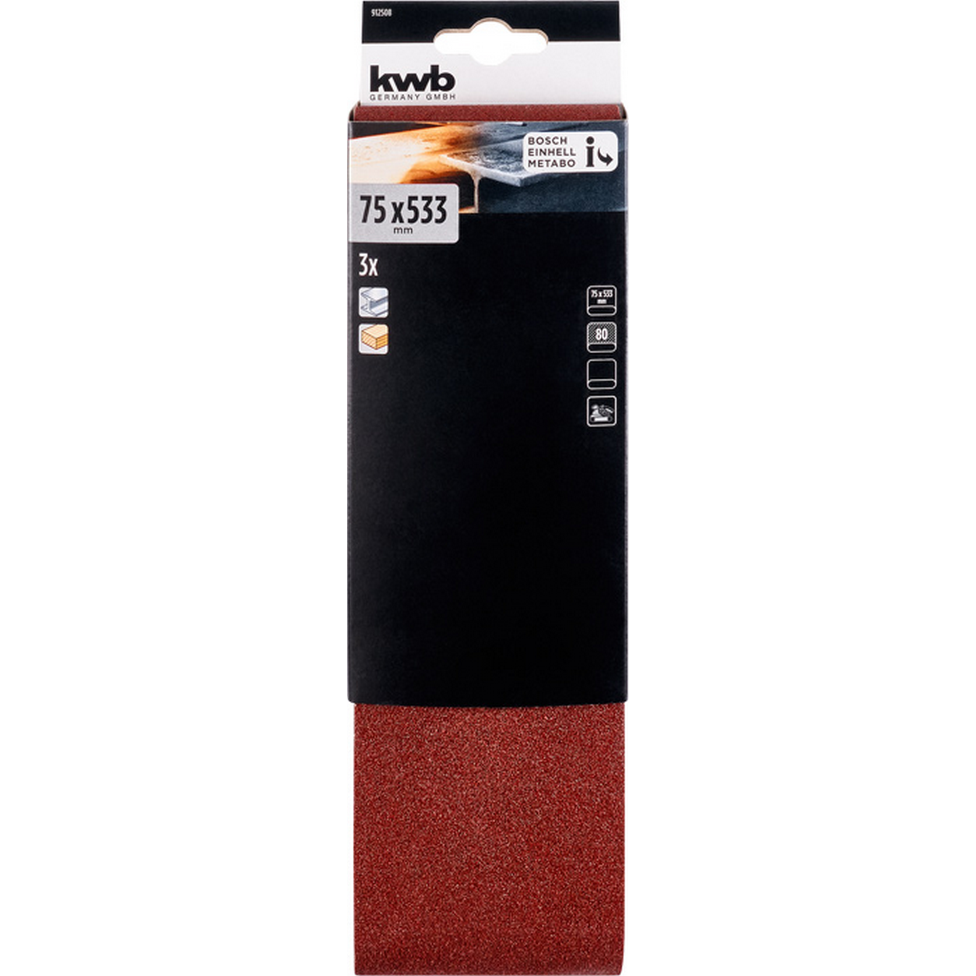 Schleifband 'Holz & Metall' 75 x 533 mm K80 3 Stück