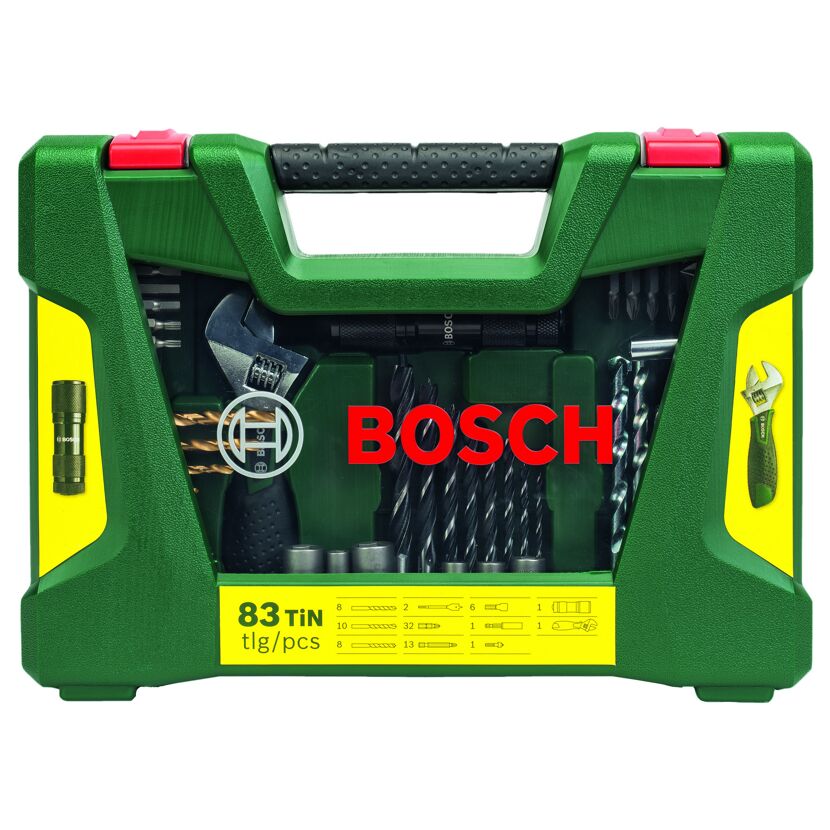 TiN-Bohrer- und Bit-Set 'V-Line' mit LED-Taschenlampe und Rollgabelschlüssel, 83-teilig