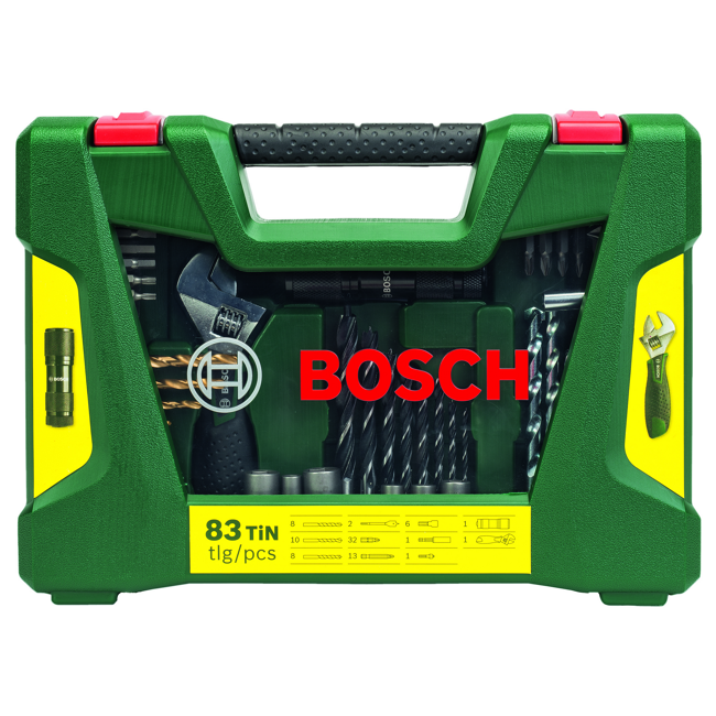 Bild von TiN-Bohrer- und Bit-Set 'V-Line' mit LED-Taschenlampe und Rollgabelschlüssel, 83-teilig