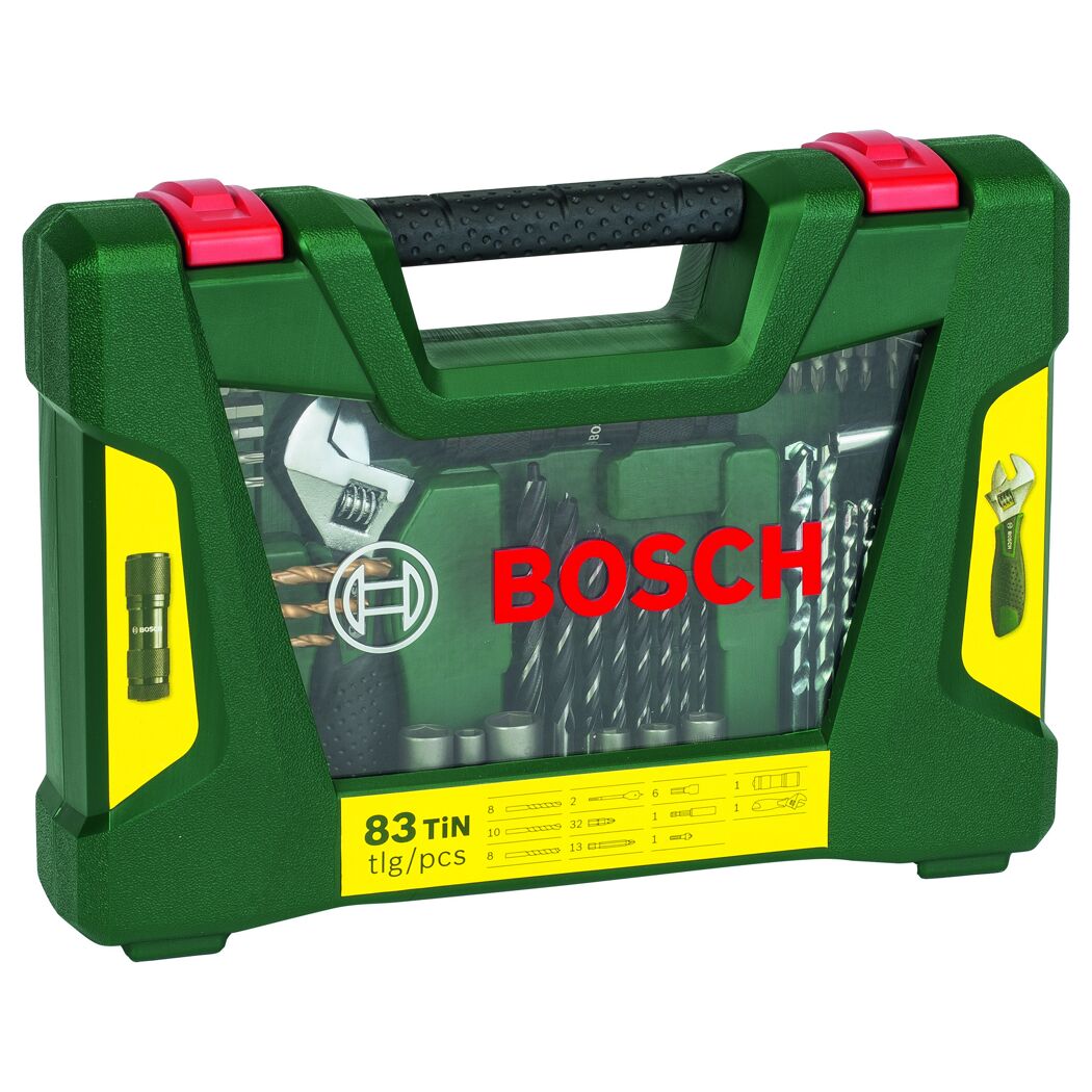 TiN-Bohrer- und Bit-Set 'V-Line' mit LED-Taschenlampe und Rollgabelschlüssel, 83-teilig