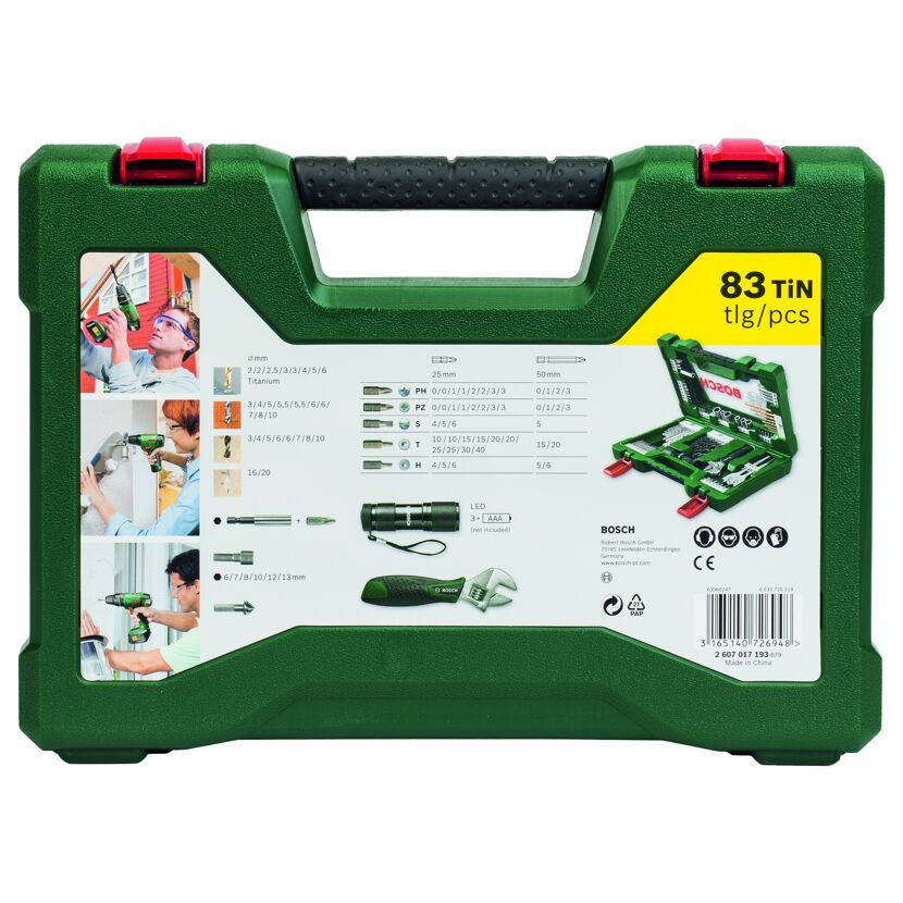 TiN-Bohrer- und Bit-Set 'V-Line' mit LED-Taschenlampe und Rollgabelschlüssel, 83-teilig
