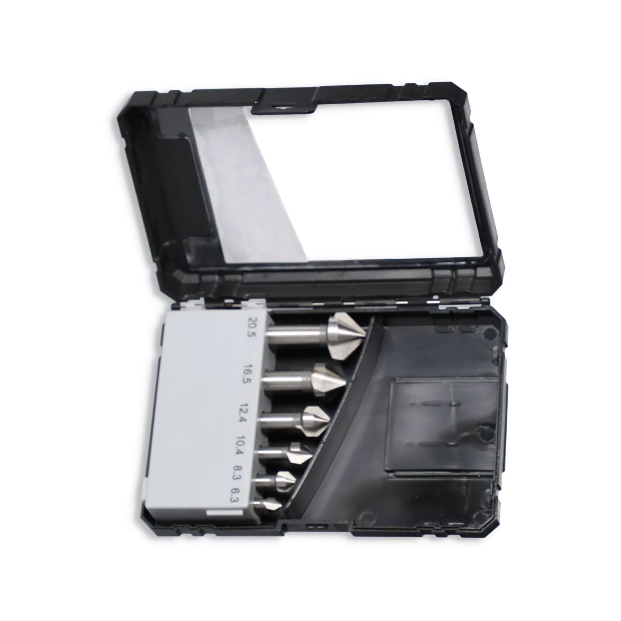 Sechs Kegelsenker in geöffneter Aufbewahrungsbox