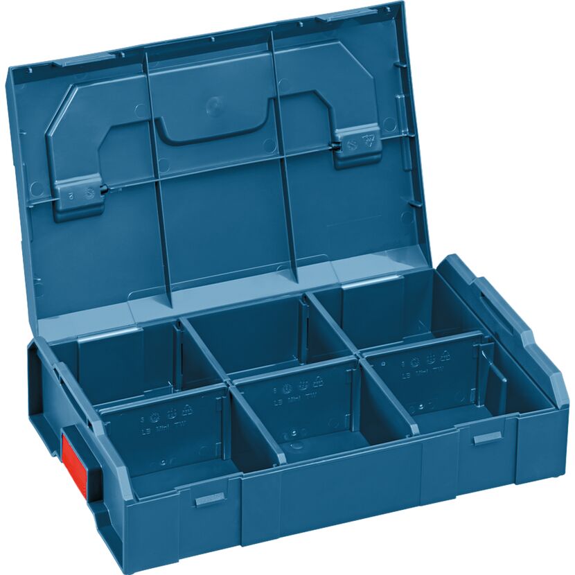 Offene blaue Kleinsortiment-Box mit Fächern