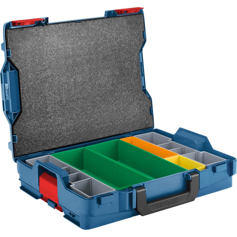 Blaue L-BOXX mit geöffnetem Deckel und Sortiereinsätzen.