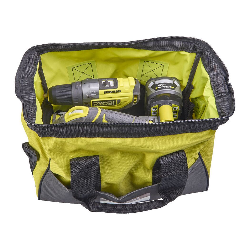 Ryobi Akku-Bohrschrauber und Akku in Werkzeugtasche