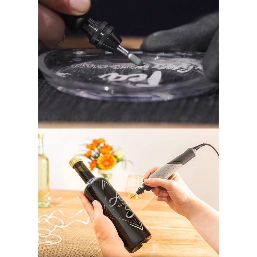 Person graviert mit einem Dremel Glas und eine Flasche