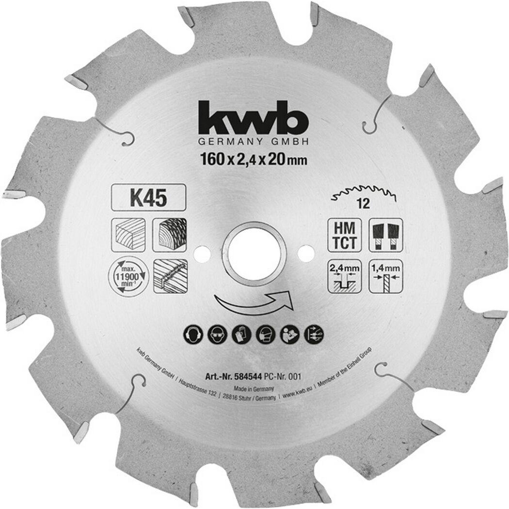 Kreissägeblatt Hartmetall 12 Zähne Ø 160 x 20 mm