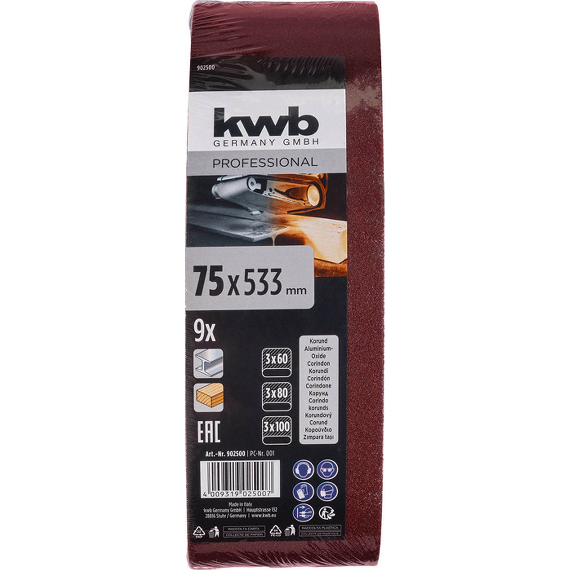 Schleifband 'Holz & Metall' 75 x 533 mm K60/80/100 9 Stück