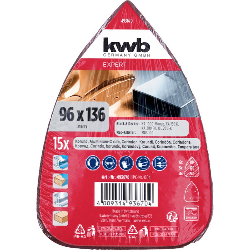 Schleifdreieck 'Quick-Stick' 96 x 136 mm K80/120/240 15 Stück