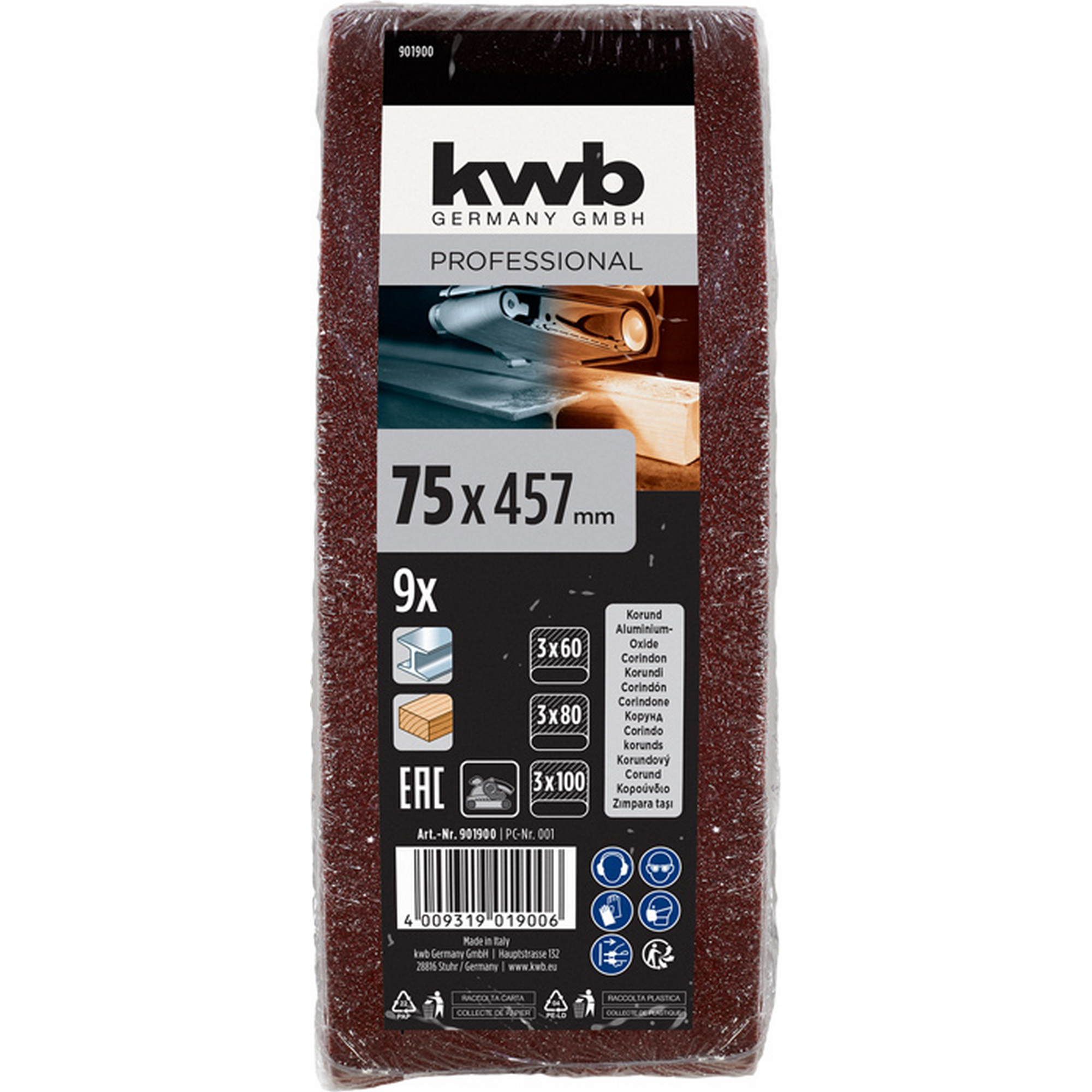 Schleifband 'Holz & Metall' 75 x 457 mm K60/80/100 9 Stück