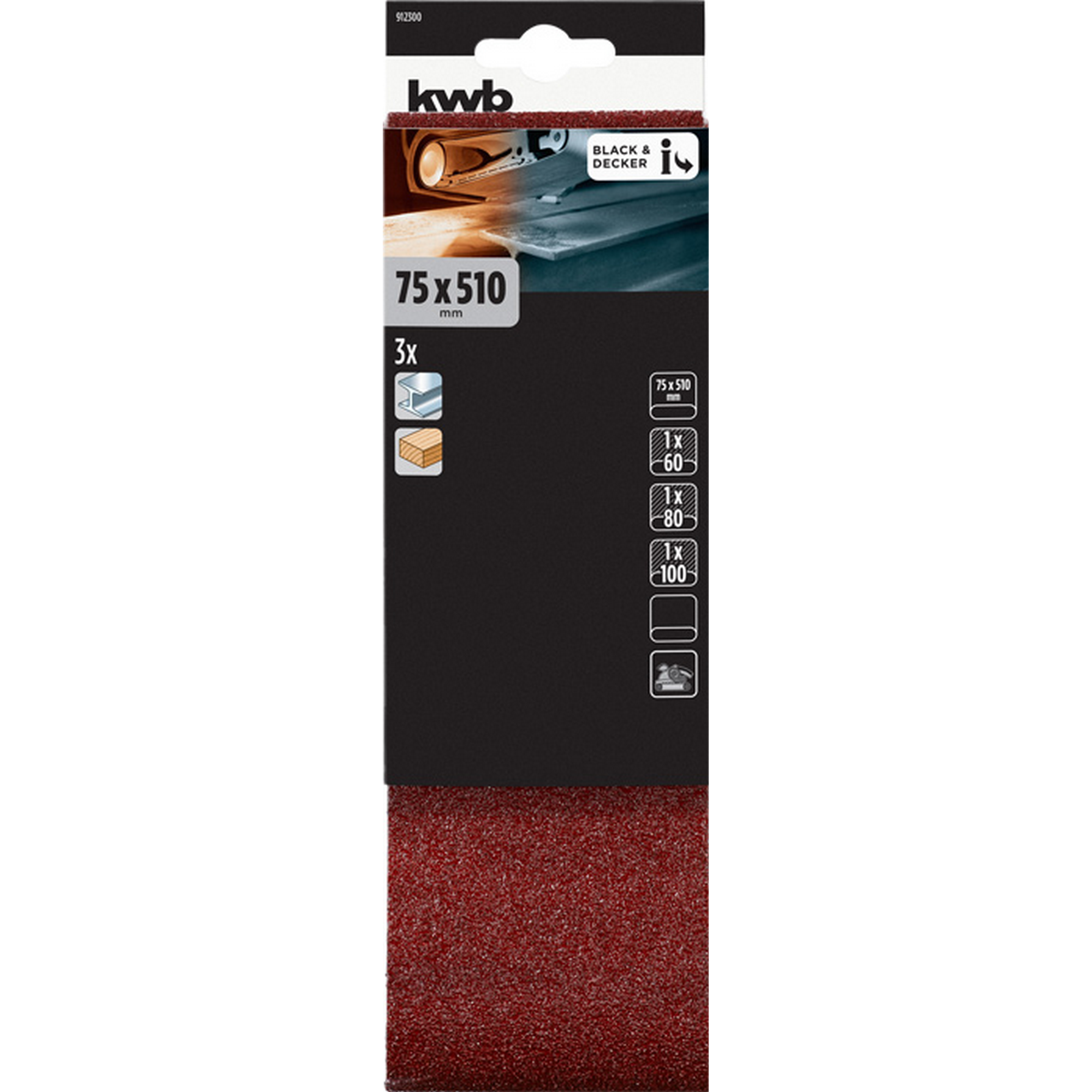 Schleifband 'Holz & Metall' 75 x 510 mm K60/80/100 3 Stück