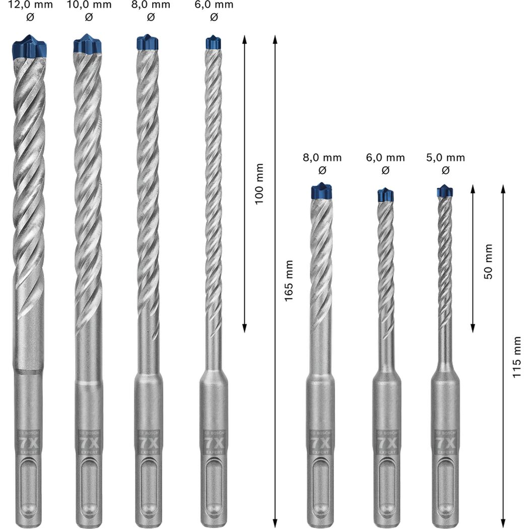 Sechs SDS plus-7X EXPERT Hammerbohrer, Größen und Maße