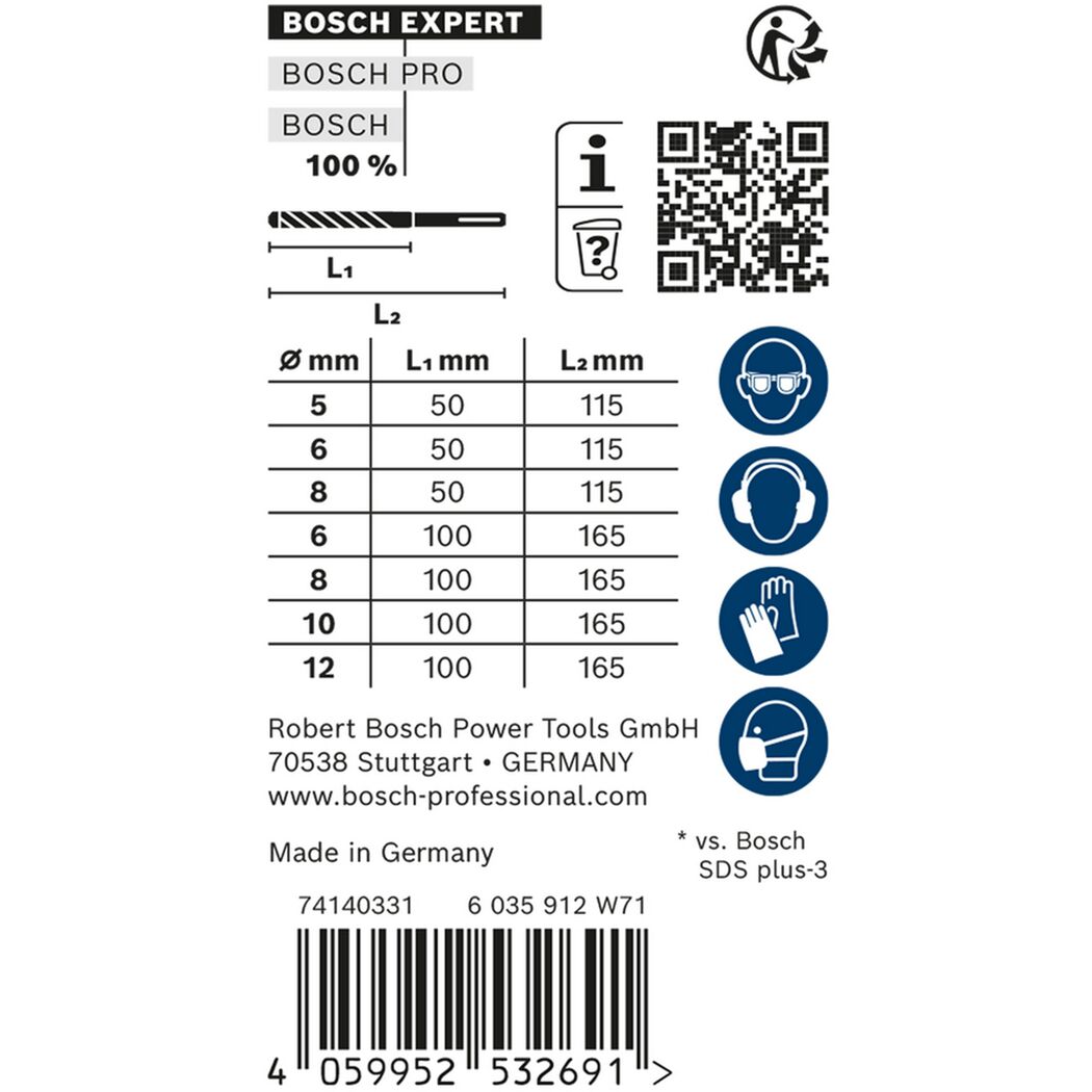 Bosch SDS plus-7 Expert Set mit Tabelle der Größen und Sicherheitshinweisen