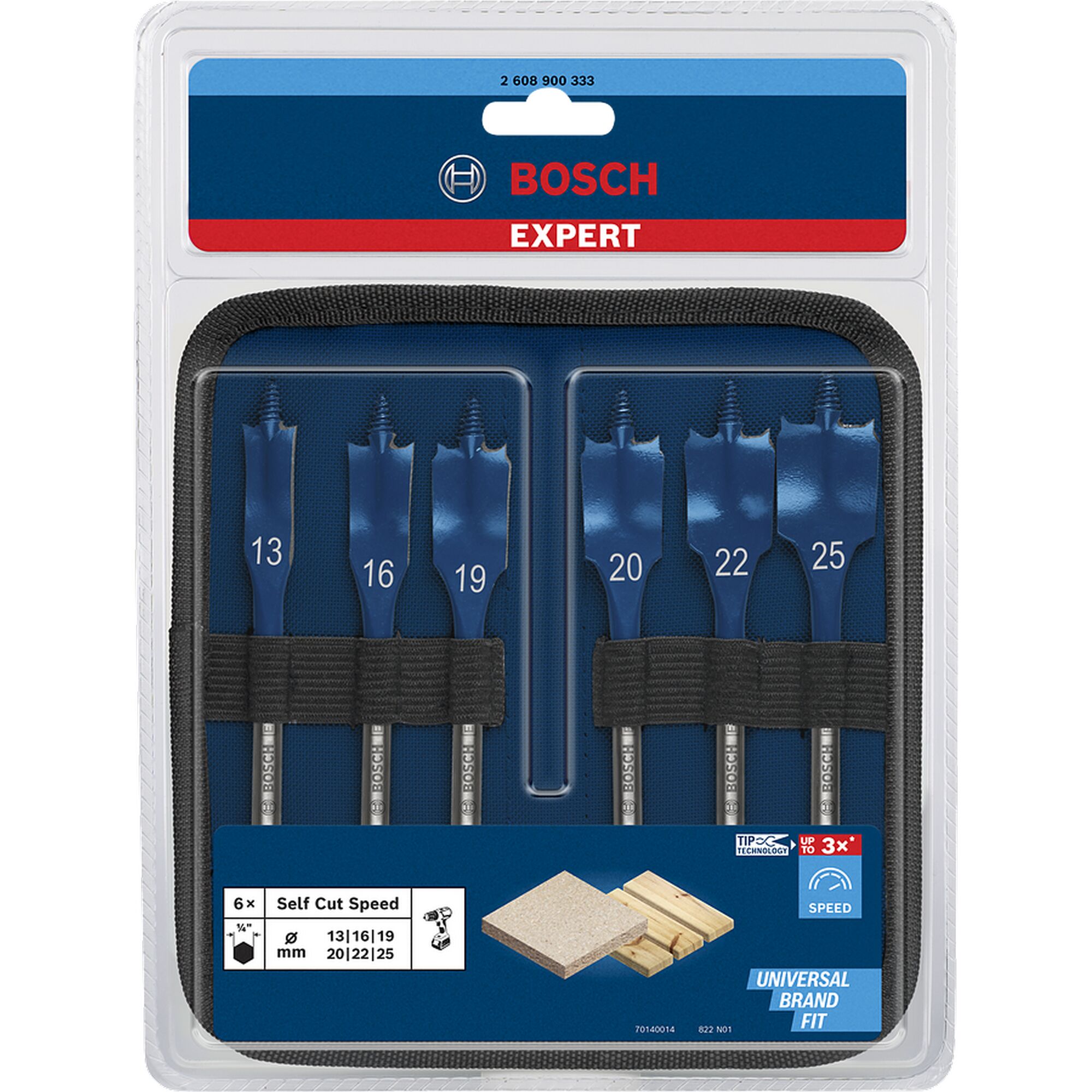 Sechs Bosch Flachfräsbohrer in einer Verpackung