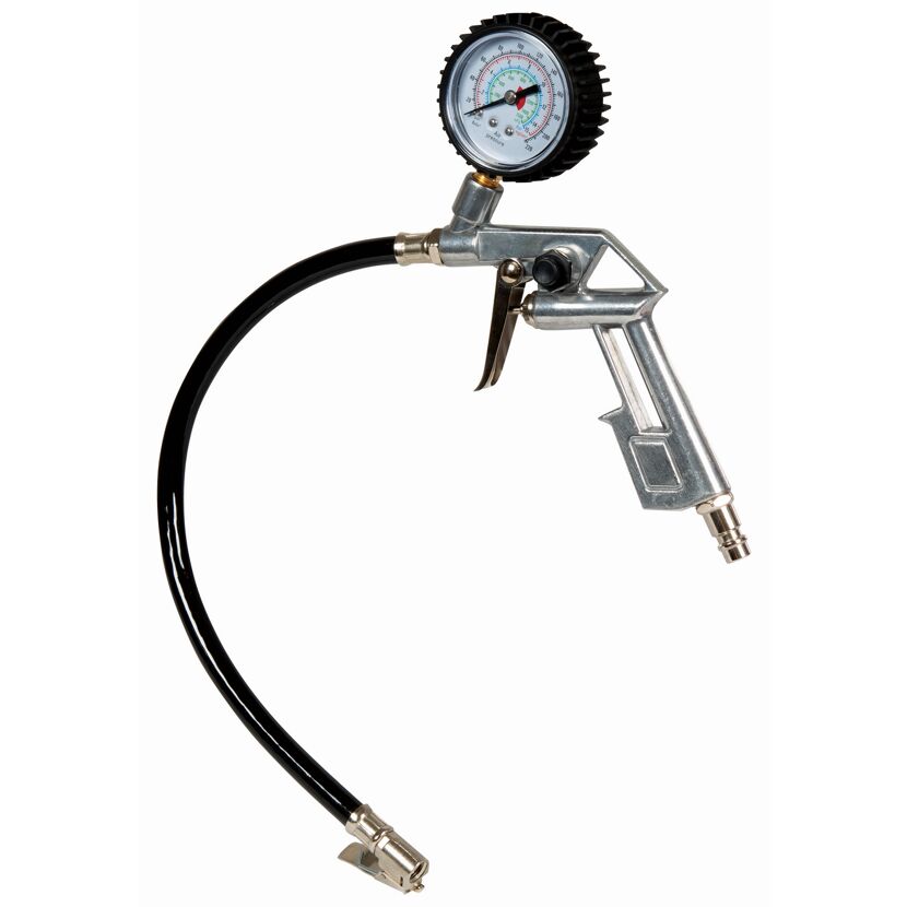 Reifenfüllmesser mit Manometer und Schlauch.